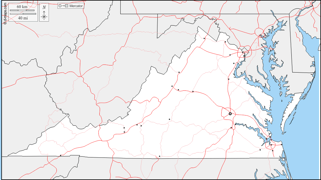 Virginia : d-maps.com: mappa gratuita, mappa muta gratuita, cartina muta gratuita : frontiere, principali città, strade