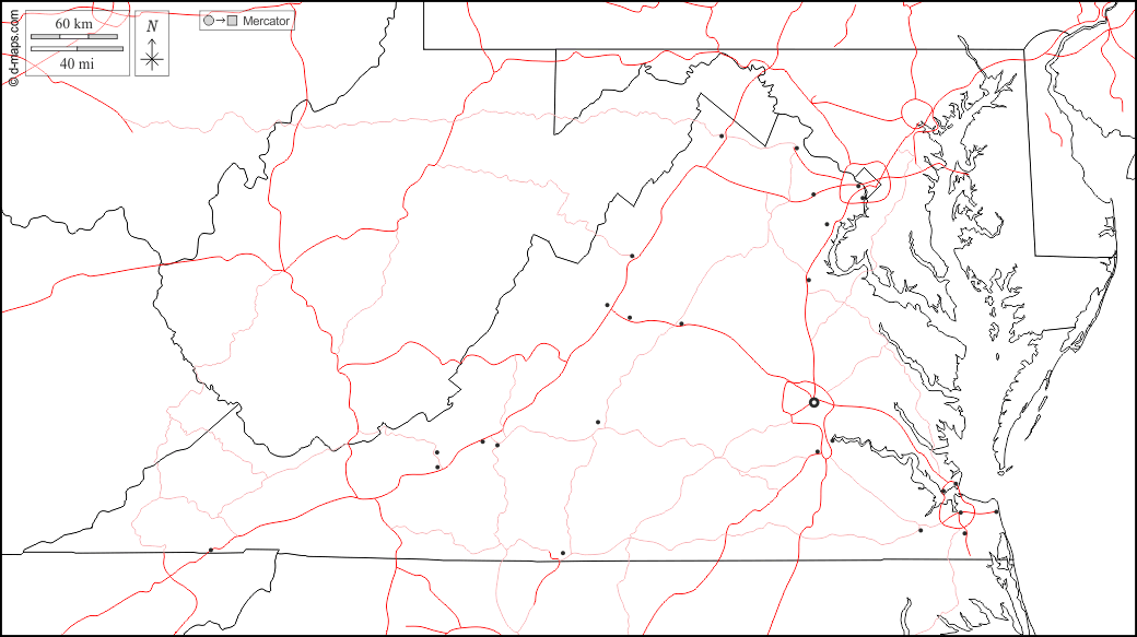 Virginia : d-maps.com: mappa gratuita, mappa muta gratuita, cartina muta gratuita : frontiere, principali città, strade, bianco