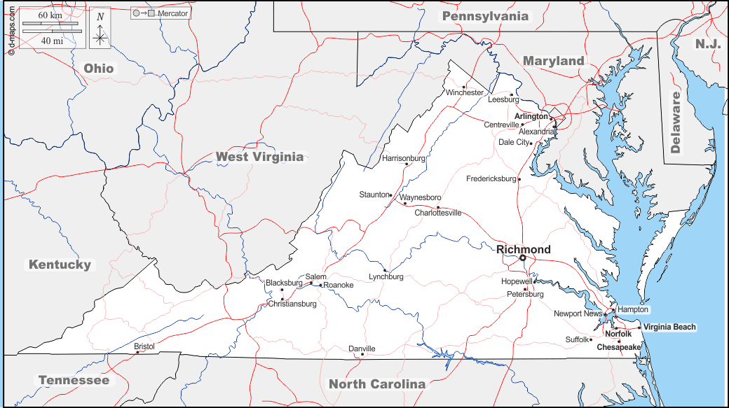 Virginia : d-maps.com: mappa gratuita, mappa muta gratuita, cartina muta gratuita : frontiere, idrografia, principali città, strade, nomi
