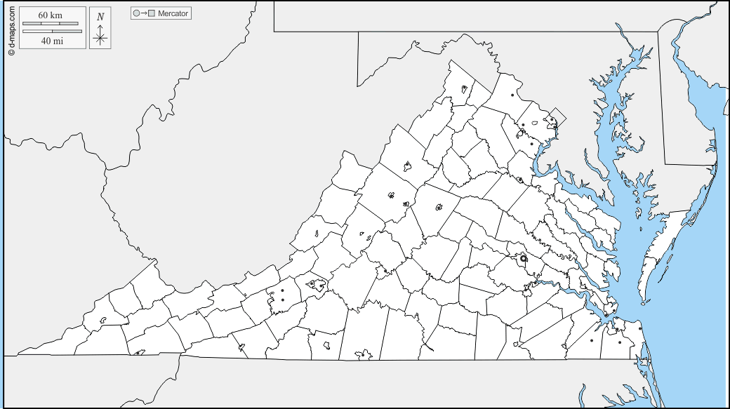 Virginia : d-maps.com: Kostenlose Karten, kostenlose stumme Karte, kostenlose unausgefüllt Landkarte, kostenlose hochauflösende Umrisskarte : Grenzen, Landkreise, unabhängige Städte, Wichtige Städte
