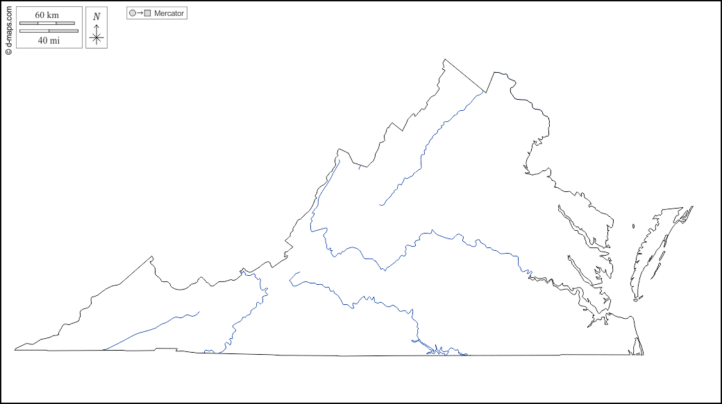 Virginia : d-maps.com: mappa gratuita, mappa muta gratuita, cartina muta gratuita : contorni, idrografia, bianco