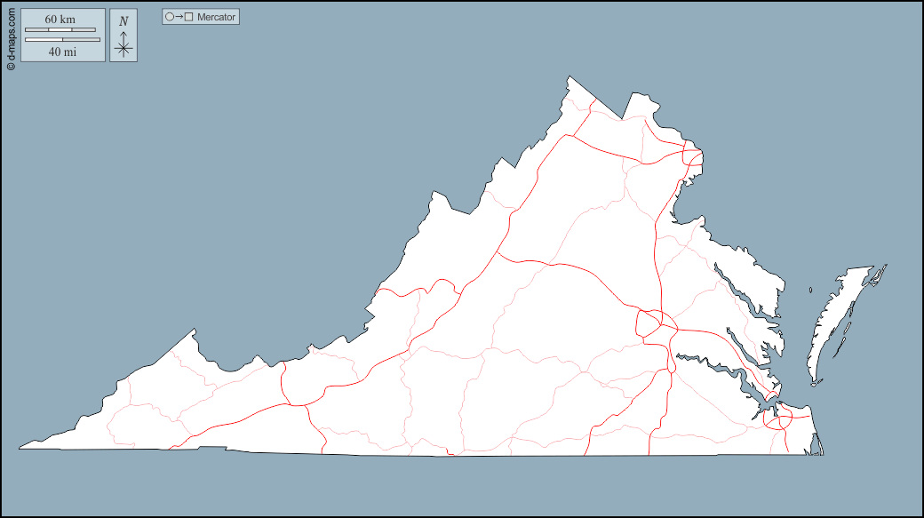 Virginia : d-maps.com: mappa gratuita, mappa muta gratuita, cartina muta gratuita : contorni, strade
