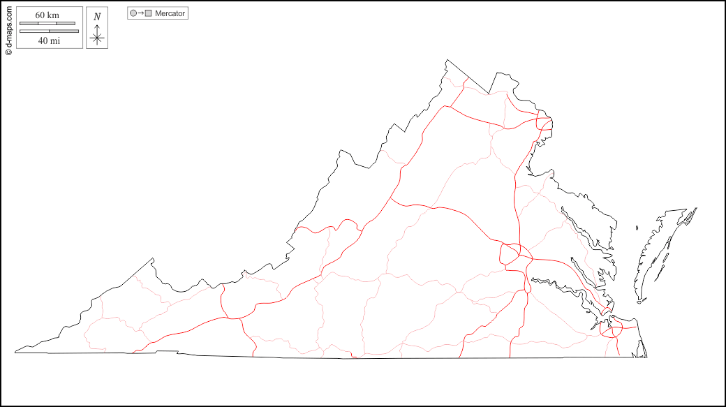 Virginia : d-maps.com: mappa gratuita, mappa muta gratuita, cartina muta gratuita : contorni, strade, bianco