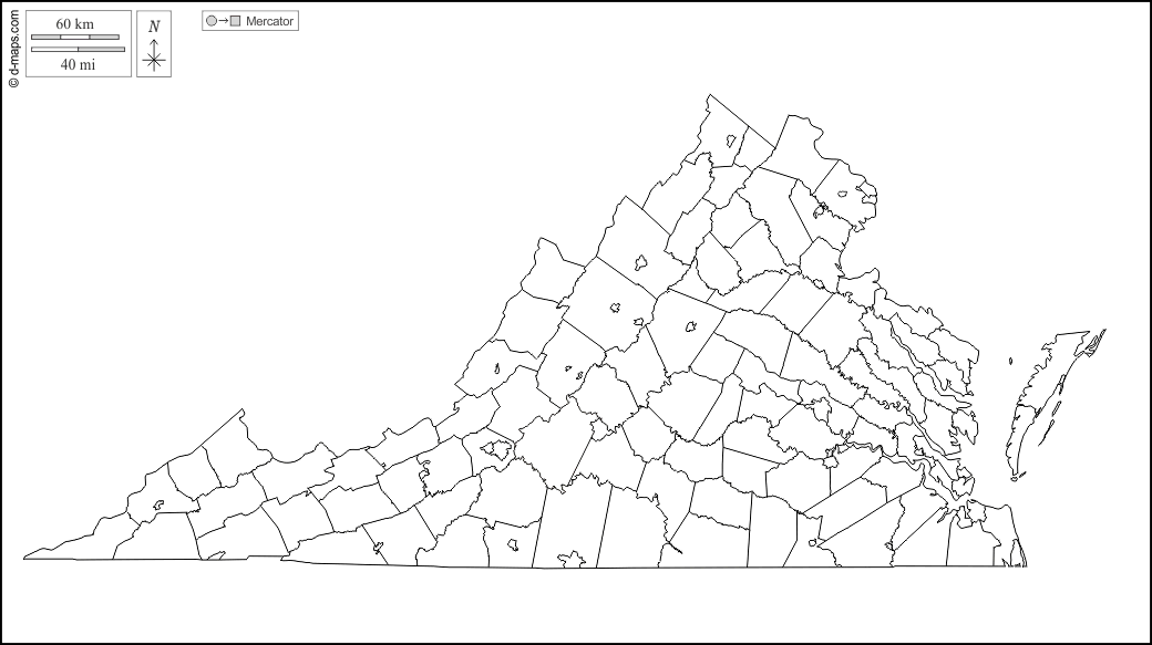 Virginia : d-maps.com: mappa gratuita, mappa muta gratuita, cartina muta gratuita : contorni, contee, città indipendenti, bianco
