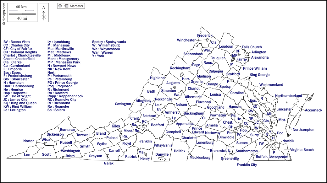 Virginia : d-maps.com: mappa gratuita, mappa muta gratuita, cartina muta gratuita : contorni, contee, città indipendenti, nomi, bianco