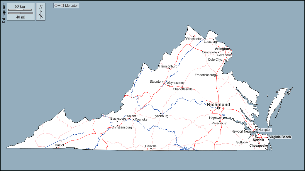 Virginia : d-maps.com: mappa gratuita, mappa muta gratuita, cartina muta gratuita : contorni, idrografia, principali città, strade, nomi