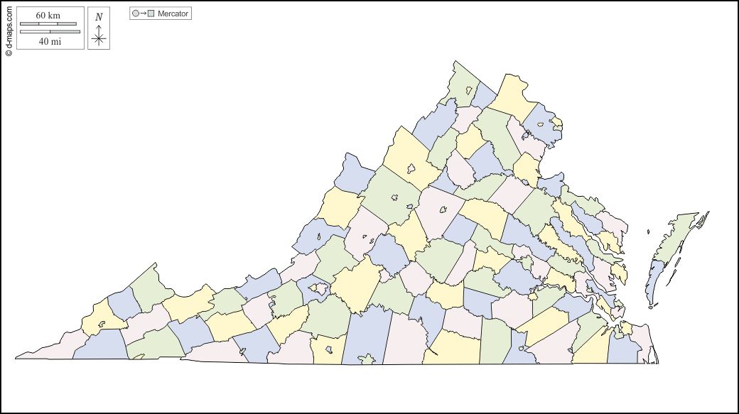 Virginia : d-maps.com: mappa gratuita, mappa muta gratuita, cartina muta gratuita : contorni, contee, città indipendenti, colore, bianco