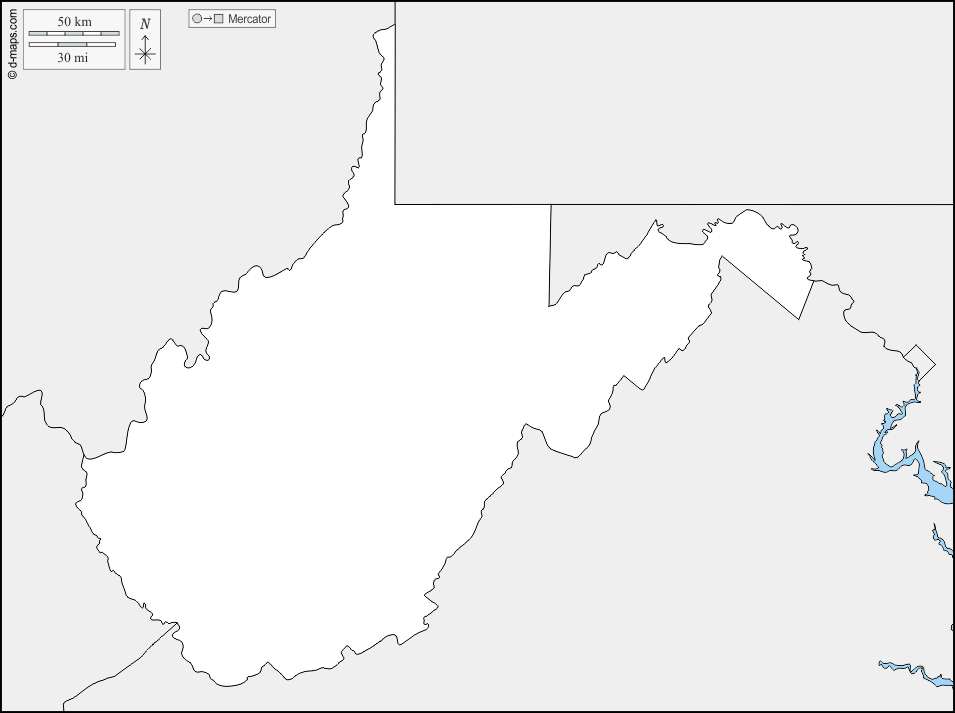 Virginia Occidentale : d-maps.com: mappa gratuita, mappa muta gratuita, cartina muta gratuita : frontiere