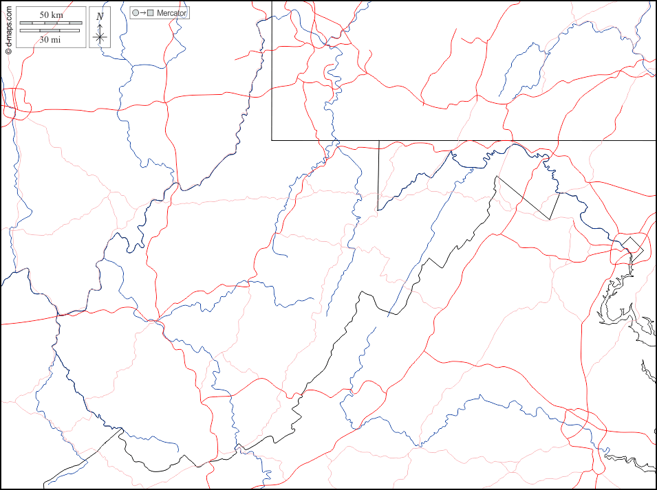 Virginia Occidentale : d-maps.com: mappa gratuita, mappa muta gratuita, cartina muta gratuita : frontiere, idrografia, strade, bianco