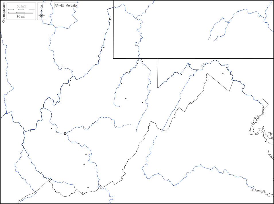 Virginia Occidentale : d-maps.com: mappa gratuita, mappa muta gratuita, cartina muta gratuita : frontiere, idrografia, principali città, bianco