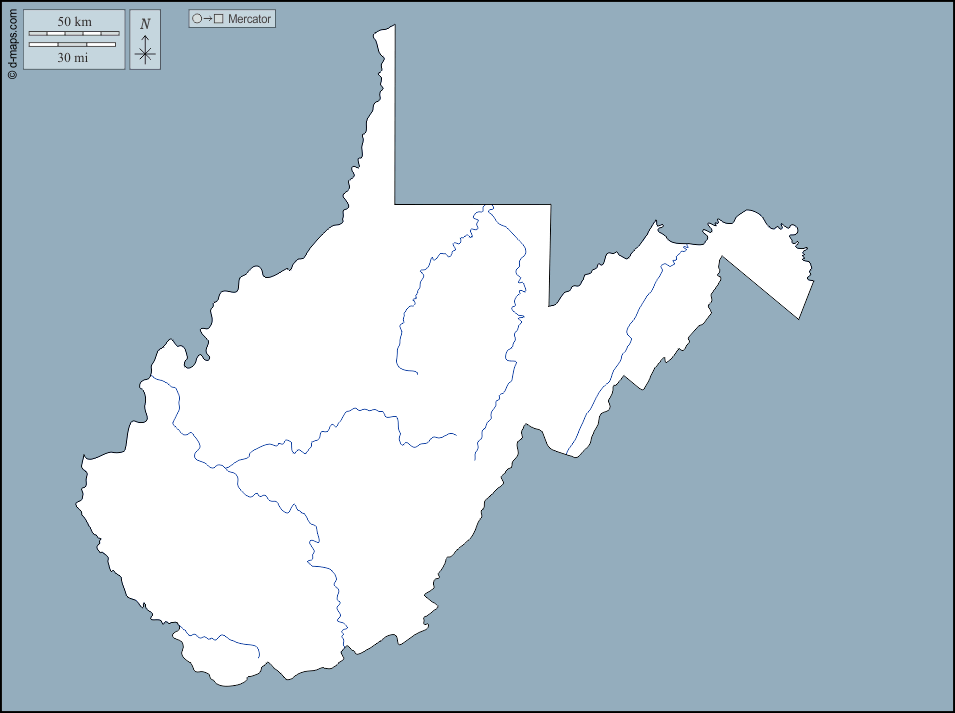 Virginia Occidentale : d-maps.com: mappa gratuita, mappa muta gratuita, cartina muta gratuita : contorni, idrografia