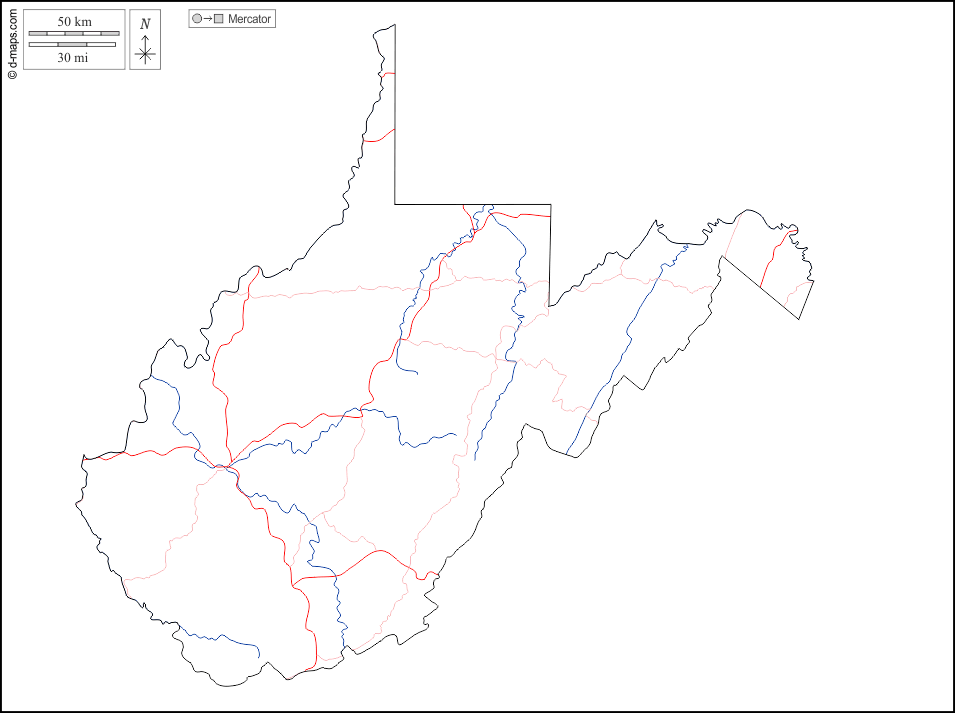 West Virginia : d-maps.com: Kostenlose Karten, kostenlose stumme Karte, kostenlose unausgefüllt Landkarte, kostenlose hochauflösende Umrisskarte : Umrisse, Hydrografie, Straßen, weiß