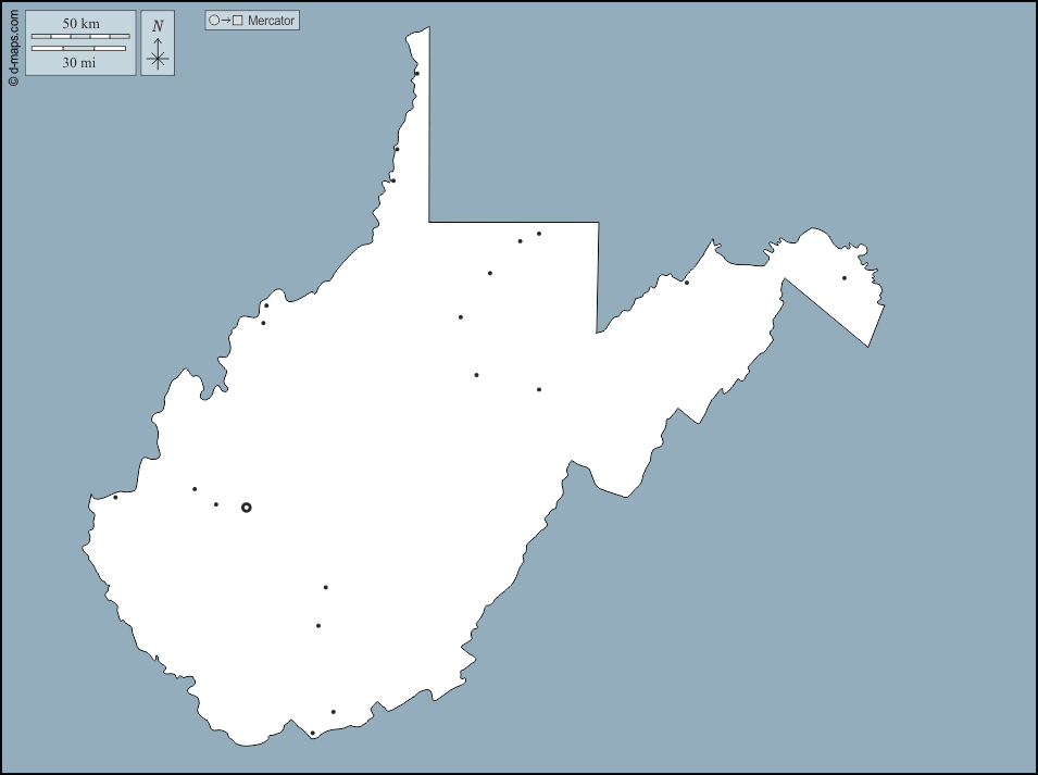 Virginia Occidentale : d-maps.com: mappa gratuita, mappa muta gratuita, cartina muta gratuita : contorni, principali città