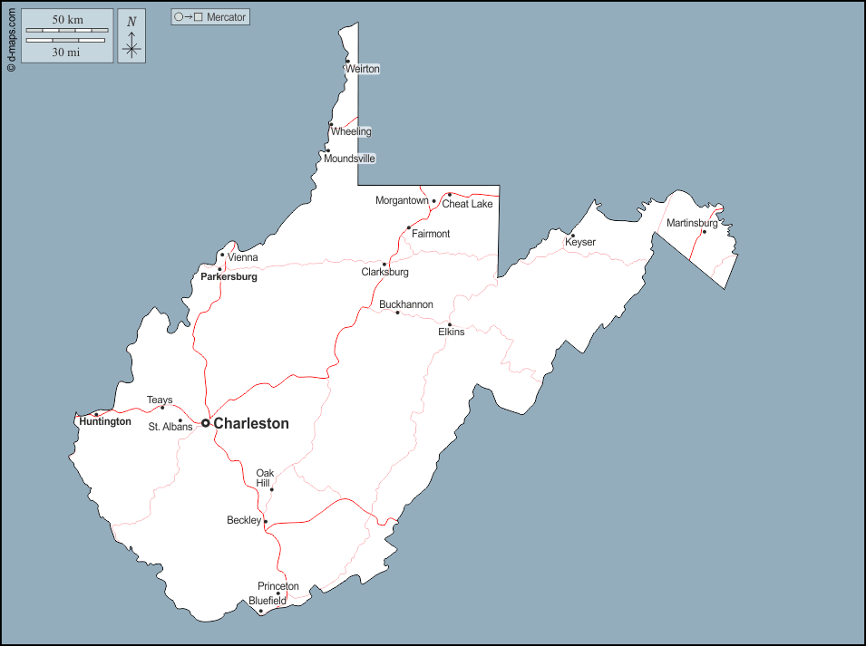 Virginia Occidentale : d-maps.com: mappa gratuita, mappa muta gratuita, cartina muta gratuita : contorni, principali città, strade, nomi