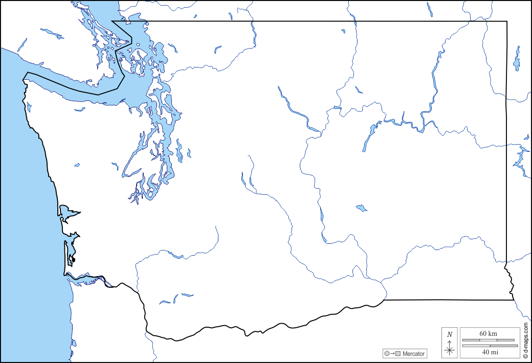 Washington : d-maps.com: mappa gratuita, mappa muta gratuita, cartina muta gratuita : litorali, limiti, idrografia