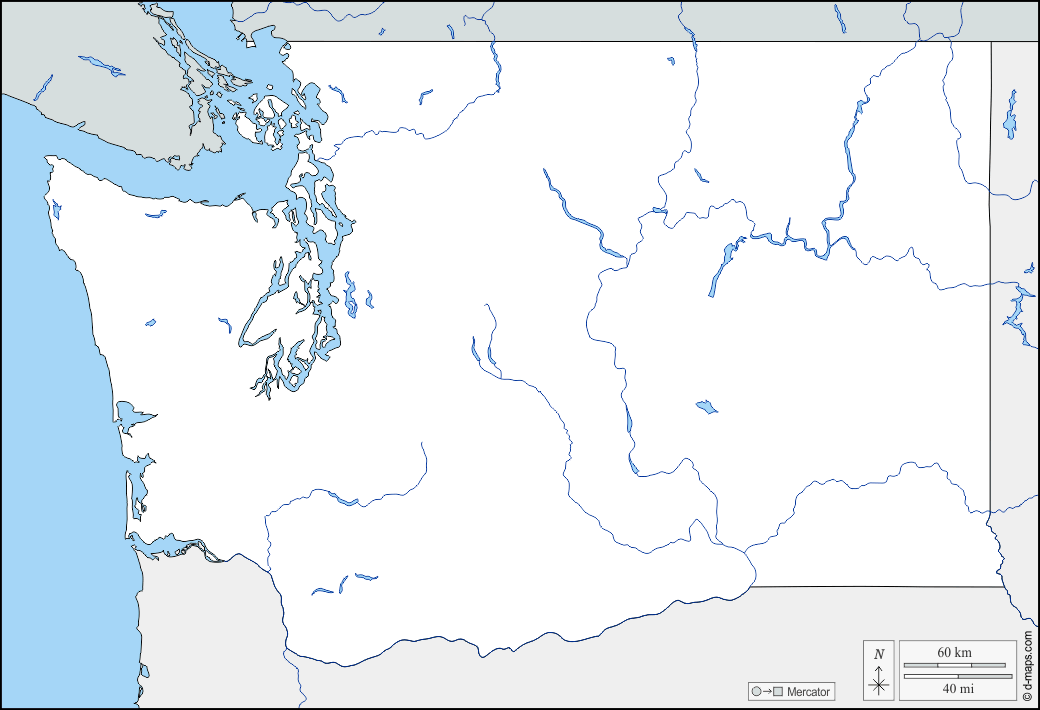 Washington : d-maps.com: mappa gratuita, mappa muta gratuita, cartina muta gratuita : frontiere, idrografia