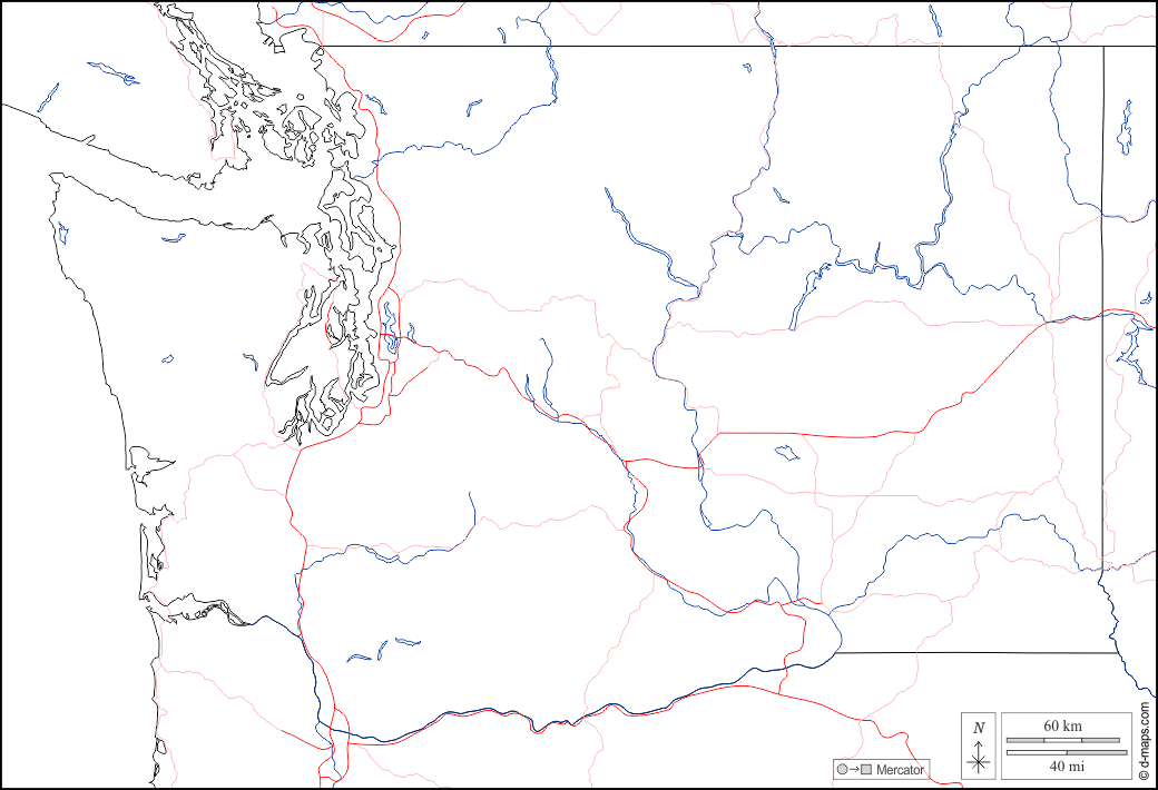 Washington : d-maps.com: mappa gratuita, mappa muta gratuita, cartina muta gratuita : frontiere, idrografia, strade, bianco