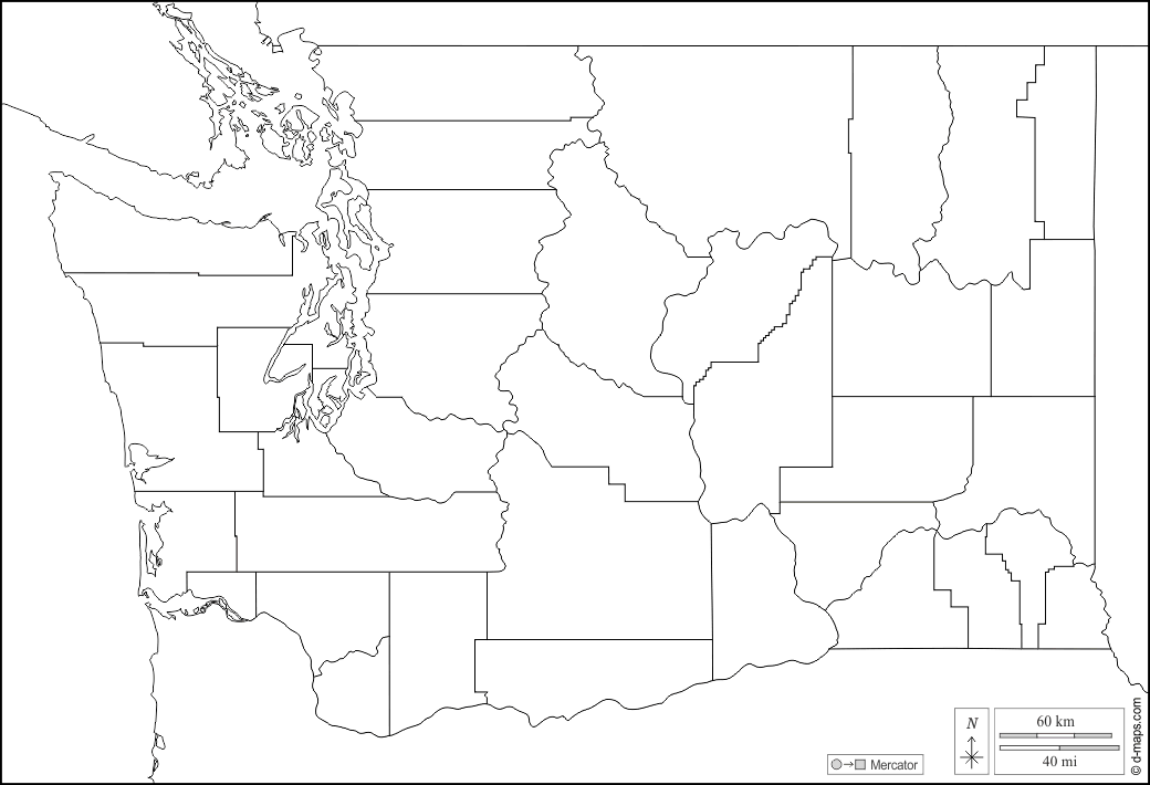 Washington : d-maps.com: mappa gratuita, mappa muta gratuita, cartina muta gratuita : frontiere, contee, bianco