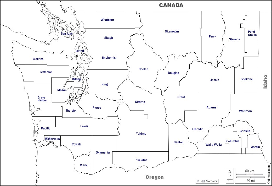 Washington : d-maps.com: mappa gratuita, mappa muta gratuita, cartina muta gratuita : frontiere, contee, nomi, bianco
