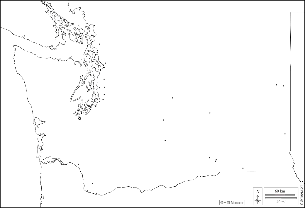 Washington : d-maps.com: mappa gratuita, mappa muta gratuita, cartina muta gratuita : frontiere, principali città, bianco