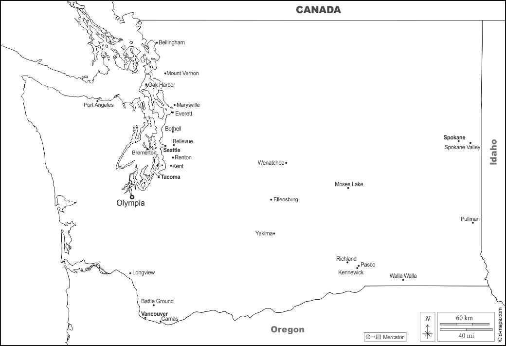 Washington : d-maps.com: mappa gratuita, mappa muta gratuita, cartina muta gratuita : frontiere, principali città, nomi, bianco