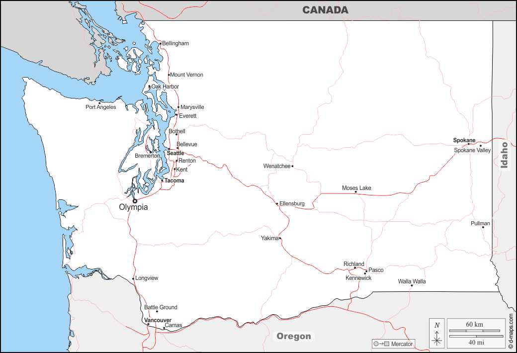 Washington : d-maps.com: Kostenlose Karten, kostenlose stumme Karte, kostenlose unausgefüllt Landkarte, kostenlose hochauflösende Umrisskarte : Grenzen, Wichtige Städte, Straßen, Namen