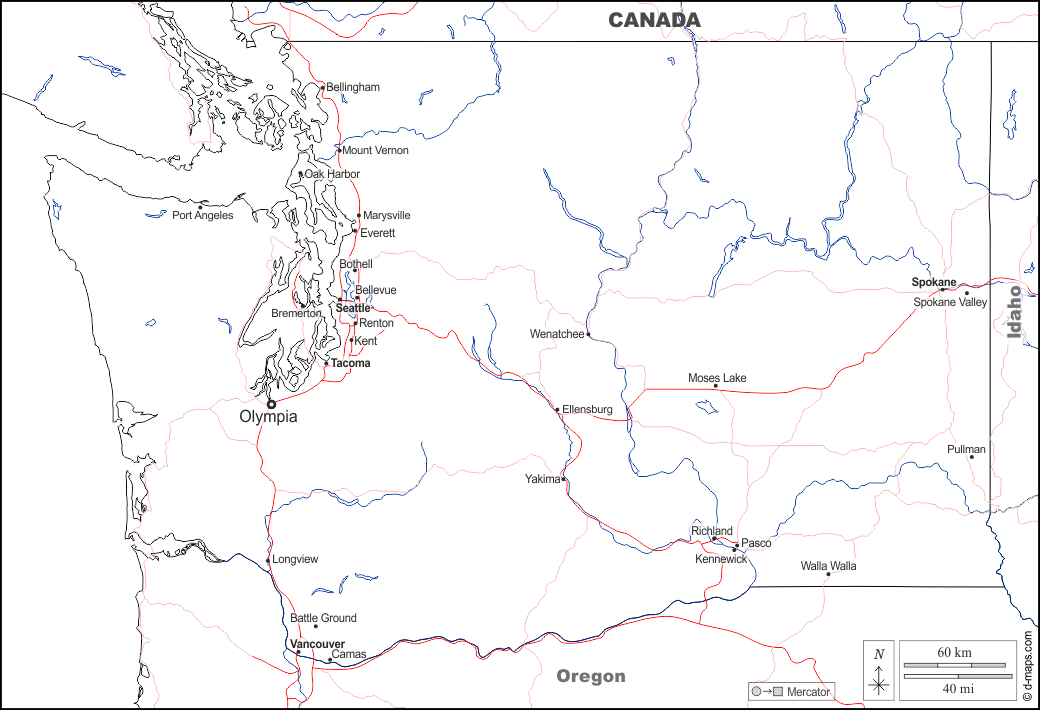 Washington : d-maps.com: mappa gratuita, mappa muta gratuita, cartina muta gratuita : frontiere, idrografia, principali città, strade, nomi, bianco