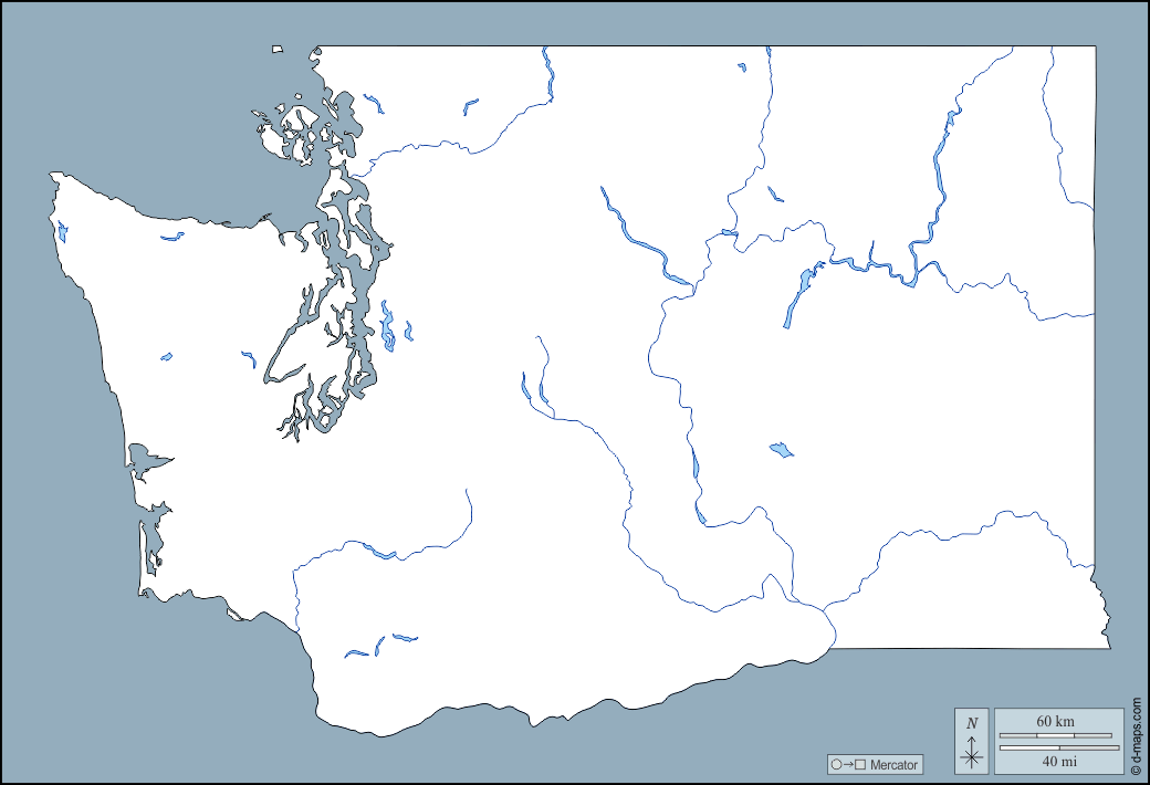 Washington : d-maps.com: mappa gratuita, mappa muta gratuita, cartina muta gratuita : contorni, idrografia
