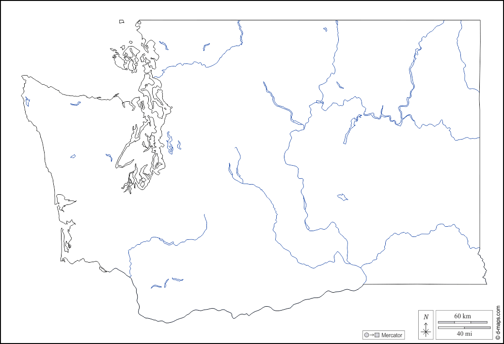 Washington : d-maps.com: mappa gratuita, mappa muta gratuita, cartina muta gratuita : contorni, idrografia, bianco