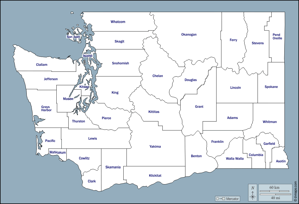 Washington : d-maps.com: mappa gratuita, mappa muta gratuita, cartina muta gratuita : contorni, contee, nomi