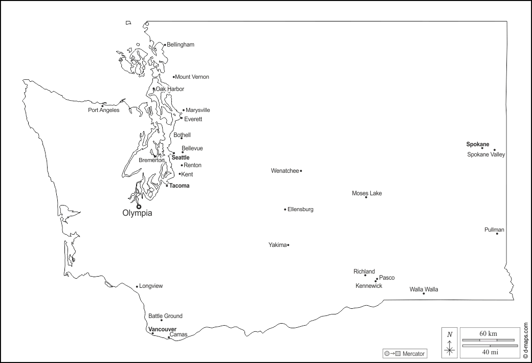 Washington : d-maps.com: mappa gratuita, mappa muta gratuita, cartina muta gratuita : contorni, principali città, nomi, bianco
