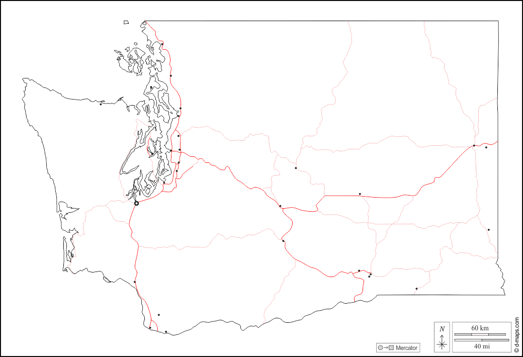 Washington : d-maps.com: mappa gratuita, mappa muta gratuita, cartina muta gratuita : contorni, principali città, strade, bianco