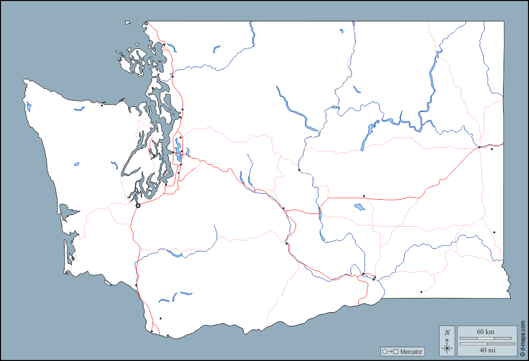 Washington : d-maps.com: mappa gratuita, mappa muta gratuita, cartina muta gratuita : contorni, idrografia, principali città, strade