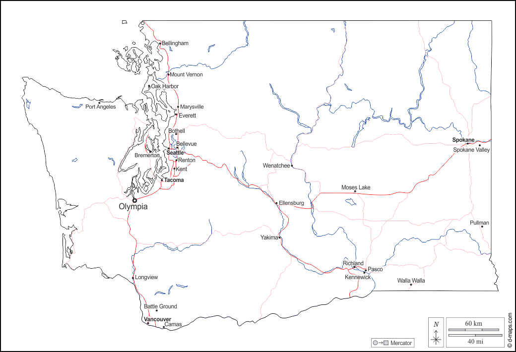 Washington : d-maps.com: mappa gratuita, mappa muta gratuita, cartina muta gratuita : contorni, idrografia, principali città, strade, nomi, bianco
