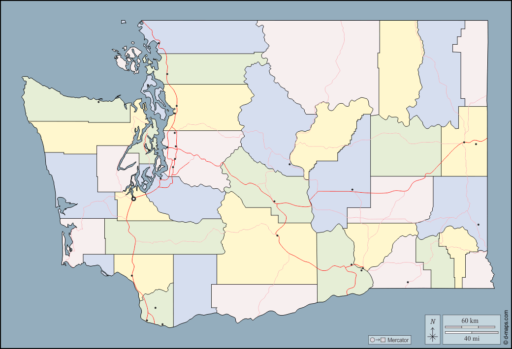 Washington : d-maps.com: mappa gratuita, mappa muta gratuita, cartina muta gratuita : contorni, contee, principali città, strade, colore