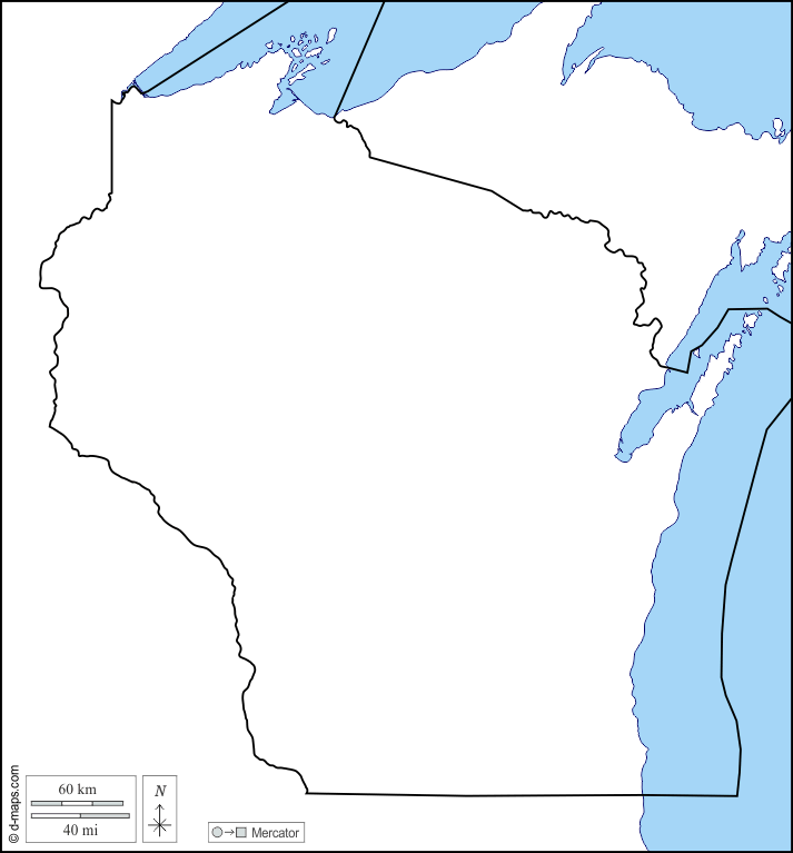 Wisconsin : d-maps.com: mappa gratuita, mappa muta gratuita, cartina muta gratuita : litorali, limiti