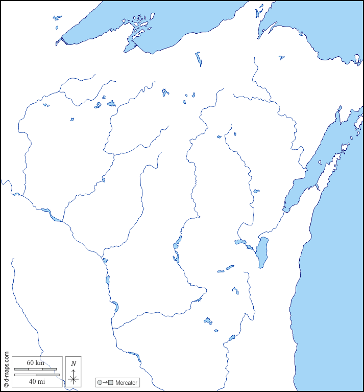Wisconsin : d-maps.com: mappa gratuita, mappa muta gratuita, cartina muta gratuita : litorali, idrografia