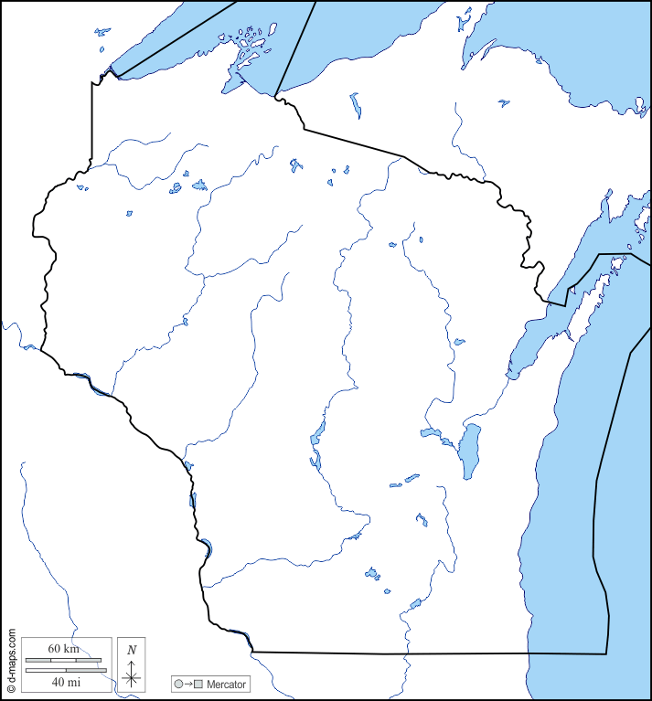 Wisconsin : d-maps.com: mappa gratuita, mappa muta gratuita, cartina muta gratuita : litorali, limiti, idrografia