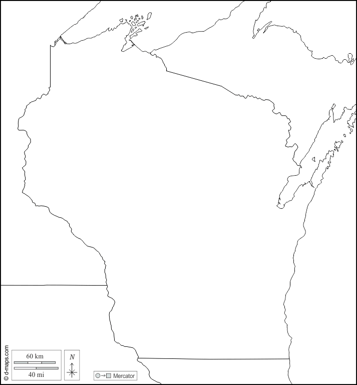 Wisconsin : d-maps.com: mappa gratuita, mappa muta gratuita, cartina muta gratuita : frontiere, bianco