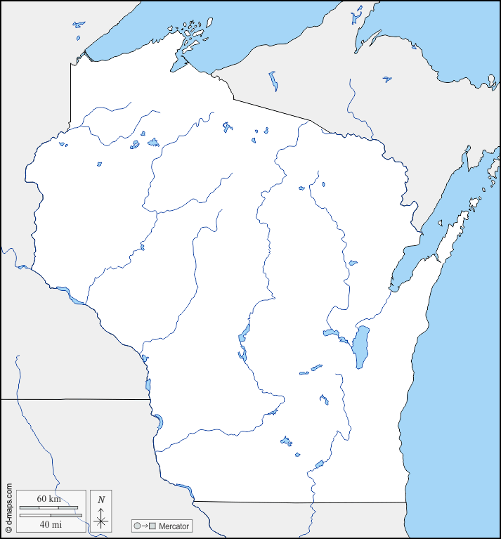 Wisconsin : d-maps.com: mappa gratuita, mappa muta gratuita, cartina muta gratuita : frontiere, idrografia