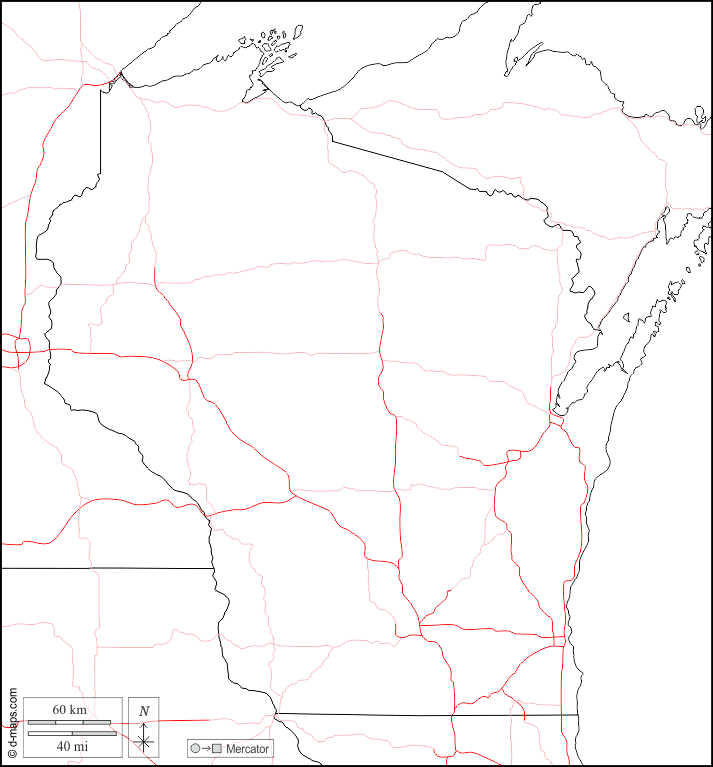 Wisconsin : d-maps.com: mappa gratuita, mappa muta gratuita, cartina muta gratuita : frontiere, strade, bianco