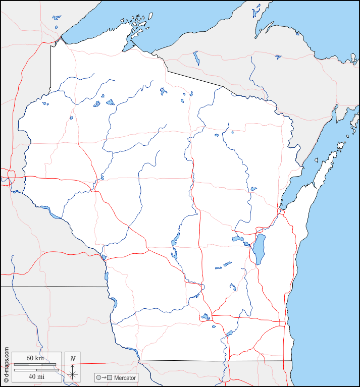 Wisconsin : d-maps.com: mappa gratuita, mappa muta gratuita, cartina muta gratuita : frontiere, idrografia, strade