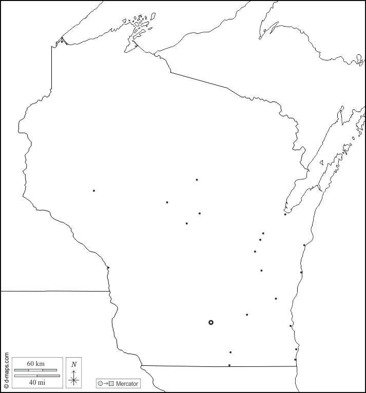 Wisconsin : d-maps.com: mappa gratuita, mappa muta gratuita, cartina muta gratuita : frontiere, principali città, bianco