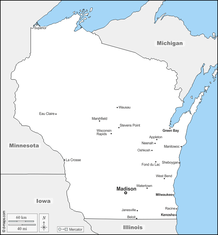 Wisconsin : d-maps.com: mappa gratuita, mappa muta gratuita, cartina muta gratuita : frontiere, principali città, nomi