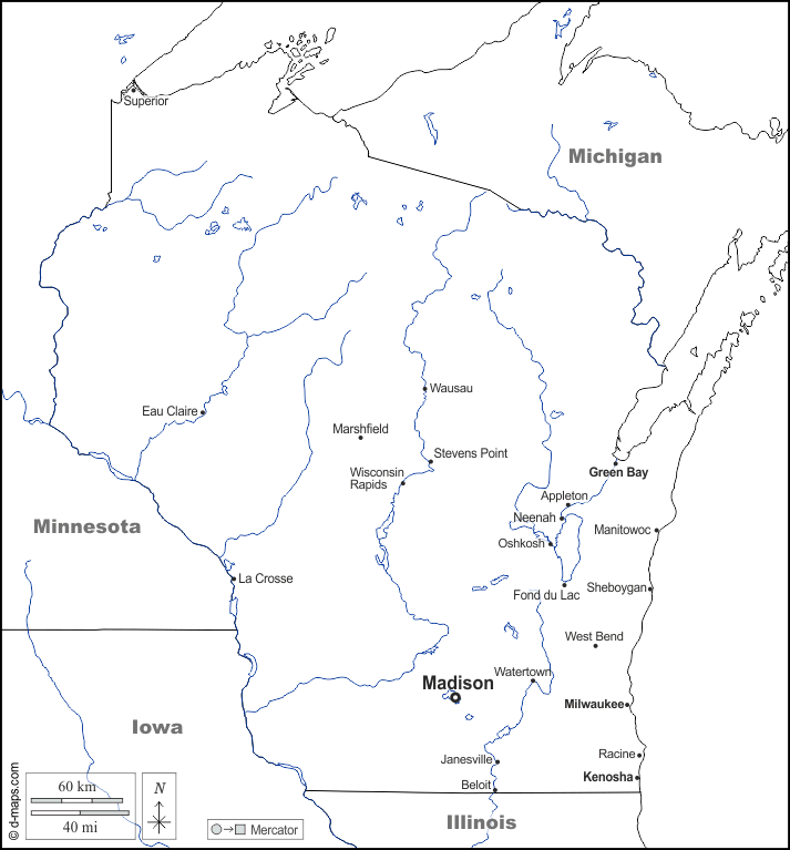 Wisconsin : d-maps.com: mappa gratuita, mappa muta gratuita, cartina muta gratuita : frontiere, idrografia, principali città, nomi, bianco