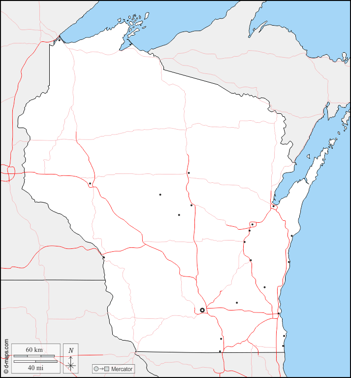 Wisconsin : d-maps.com: mappa gratuita, mappa muta gratuita, cartina muta gratuita : frontiere, principali città, strade
