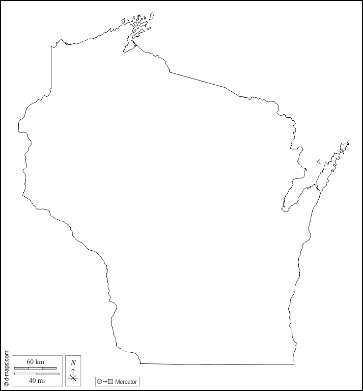 Wisconsin : d-maps.com: mappa gratuita, mappa muta gratuita, cartina muta gratuita : contorni, bianco