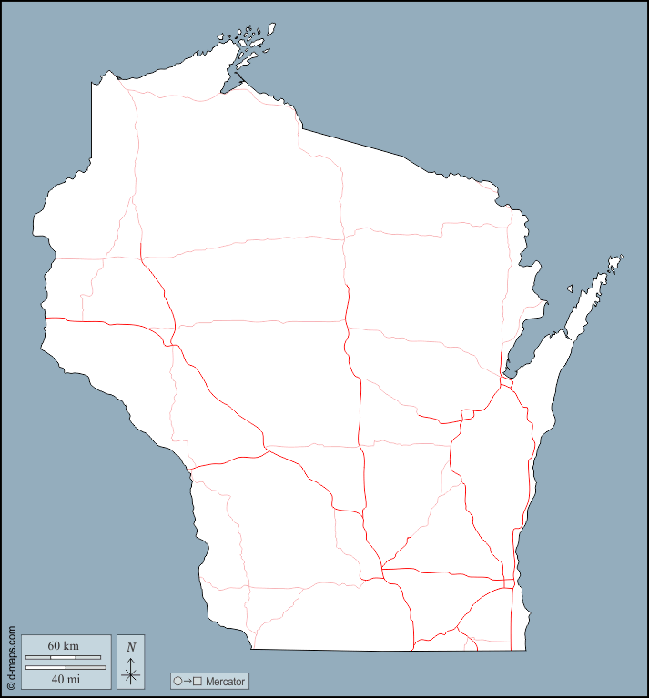 Wisconsin : d-maps.com: mappa gratuita, mappa muta gratuita, cartina muta gratuita : contorni, strade