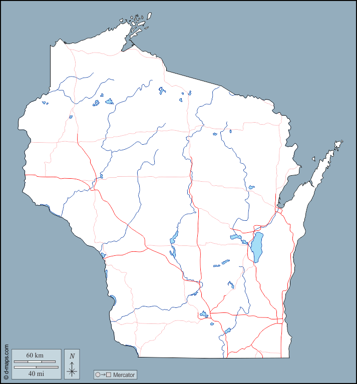 Wisconsin : d-maps.com: mappa gratuita, mappa muta gratuita, cartina muta gratuita : contorni, idrografia, strade