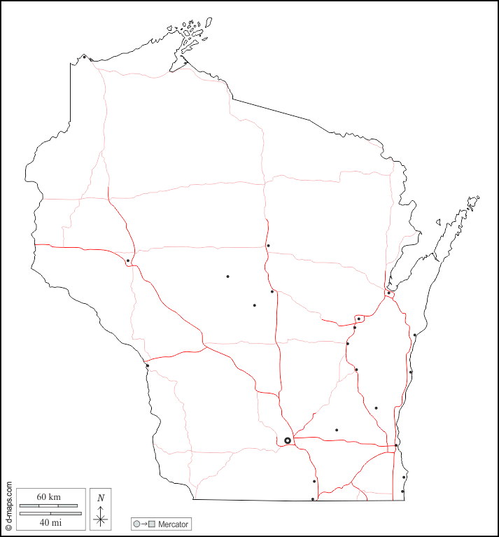 Wisconsin : d-maps.com: mappa gratuita, mappa muta gratuita, cartina muta gratuita : contorni, principali città, strade, bianco